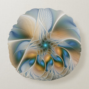 Soaring, Abstract Fantasy Fractal Art With Blue Round Cushion