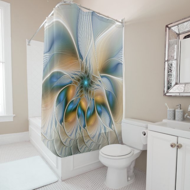 Soaring, Abstract Fantasy Fractal Art With Blue Shower Curtain (In Situ)