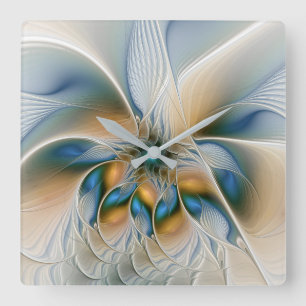 Soaring, Abstract Fantasy Fractal Art With Blue Square Wall Clock