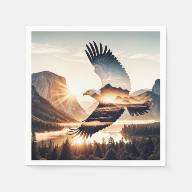 Soaring Bald Eagle Over Mountain Lake Napkin (Front)