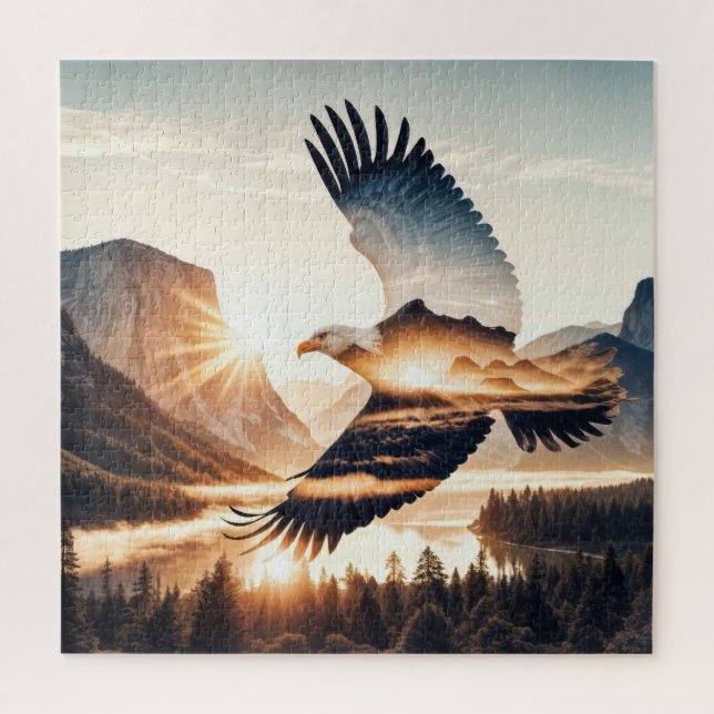 Soaring Bald Eagle Over Mountain Valley Lake Jigsaw Puzzle (Vertical)