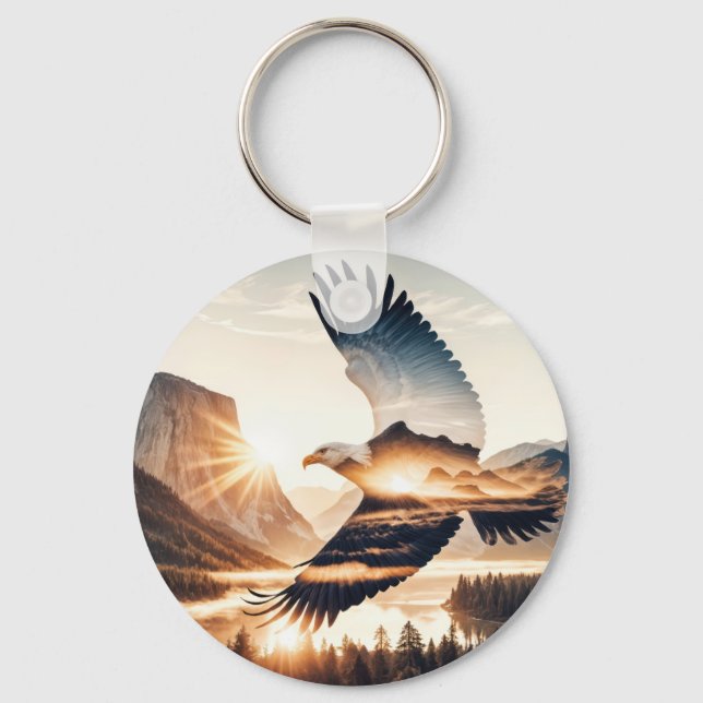 Soaring Bald Eagle Over Mountain Valley Lake Key Ring (Front)