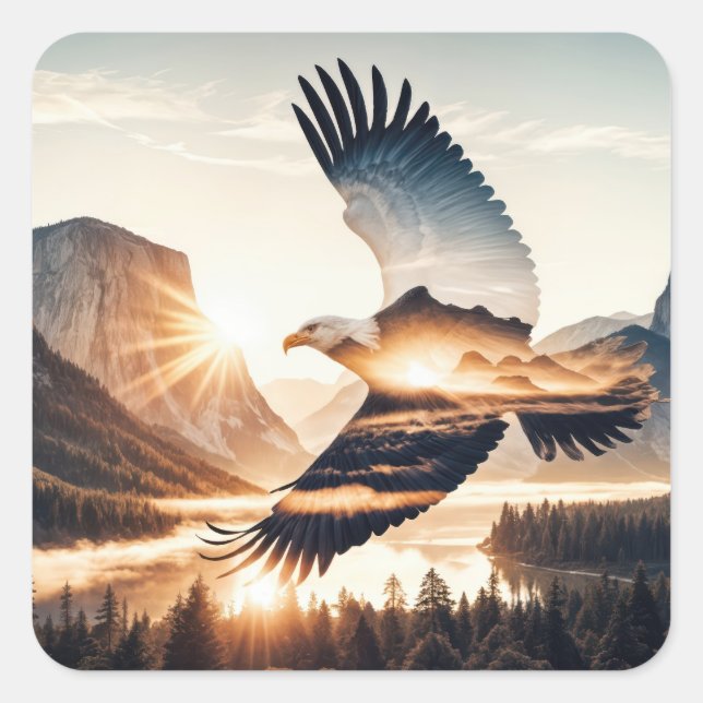 Soaring Bald Eagle Over Mountain Valley Lake Square Sticker (Front)