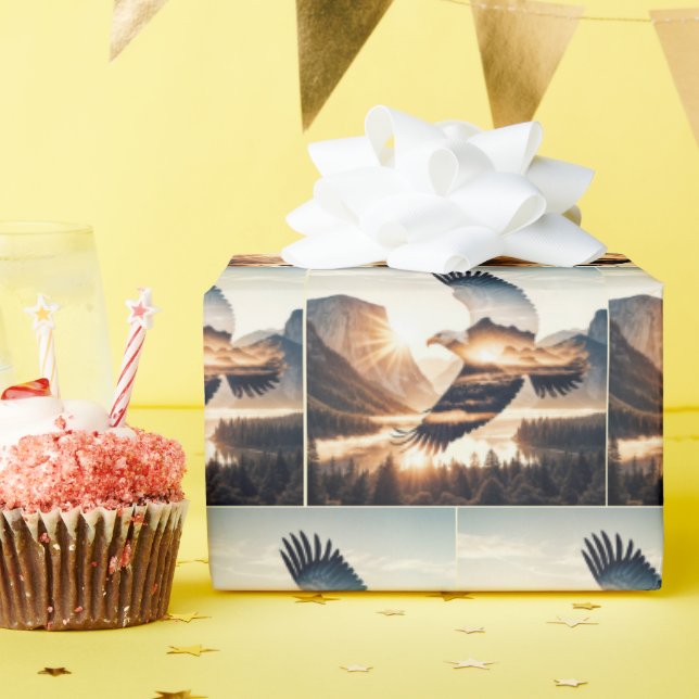 Soaring Bald Eagle Over Mountain Valley Lake Wrapping Paper (Birthday Party)