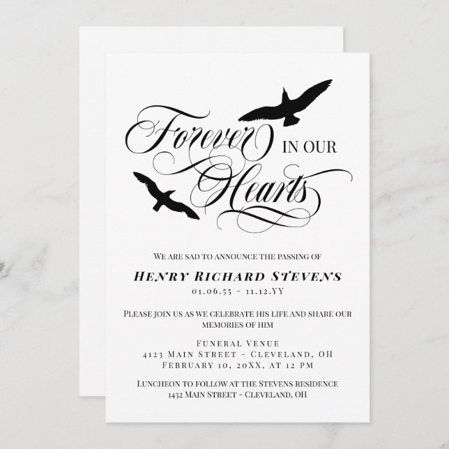 Soaring Birds Forever In Our Hearts Funeral Invitation (Front/Back)