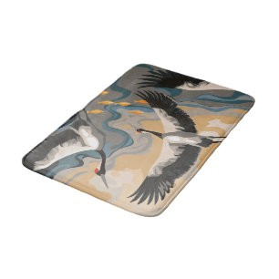 Soaring Cranes Over River Bath Mat