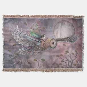 Soaring Owl and Fairy Fantasy Art Throw Blanket