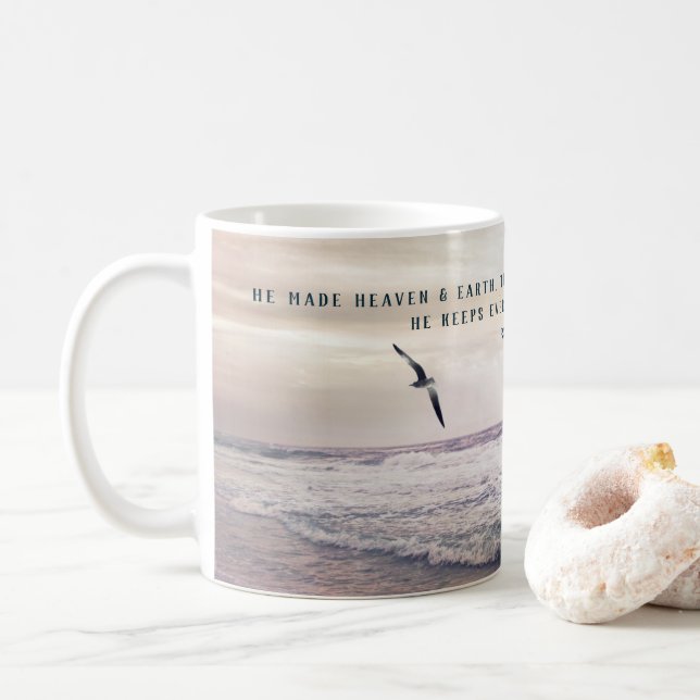 Soaring Seagull with a Psalm Bible Verse Beach Coffee Mug (With Donut)