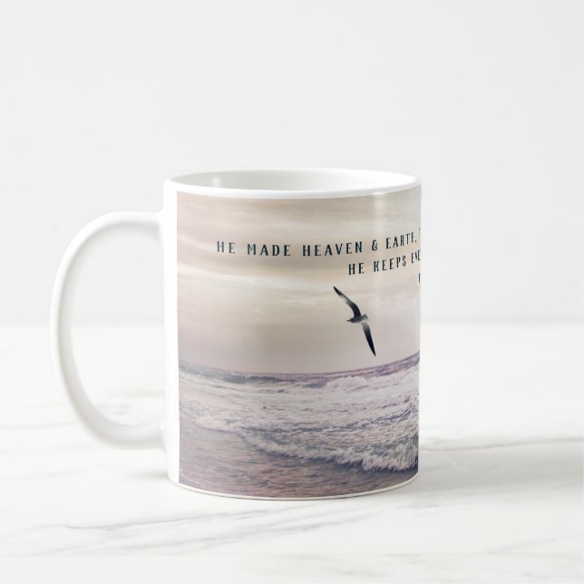 Soaring Seagull with a Psalm Bible Verse Beach Coffee Mug (Left)