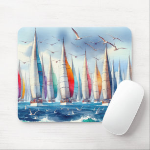 Soaring Seagulls With Sailboat Regatta Mouse Pad