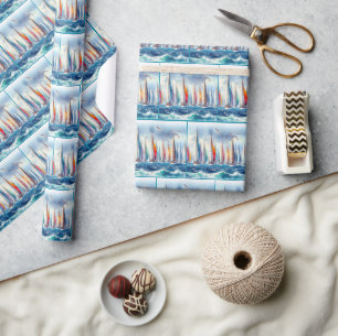Soaring Seagulls With Sailboat Regatta Wrapping Paper