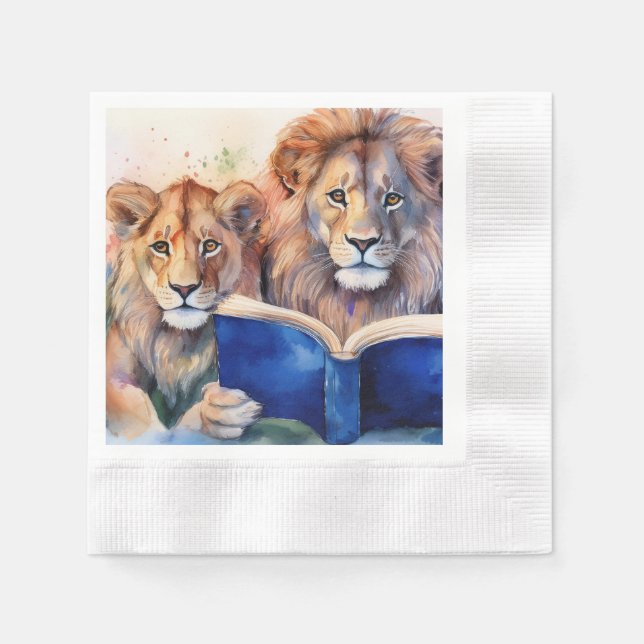 Sober Lion and Cub Reading Big Book Napkin (Front)