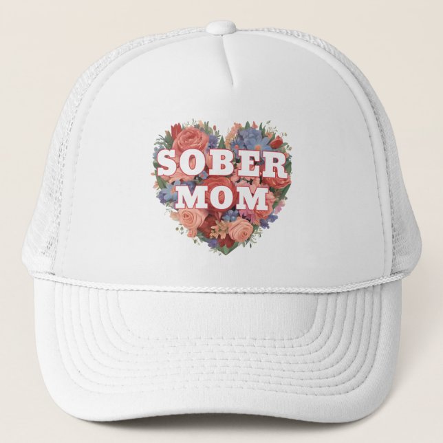 Sober Mum, Floral Heart Pink Pastel, Sobriety Trucker Hat (Front)