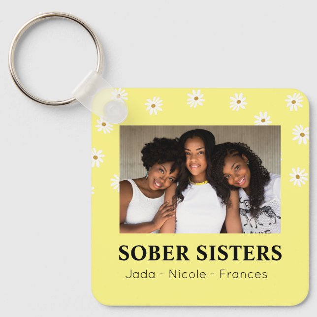 Sober Sisters Cute Custom Name & Date Daisy Key Ring (Front)