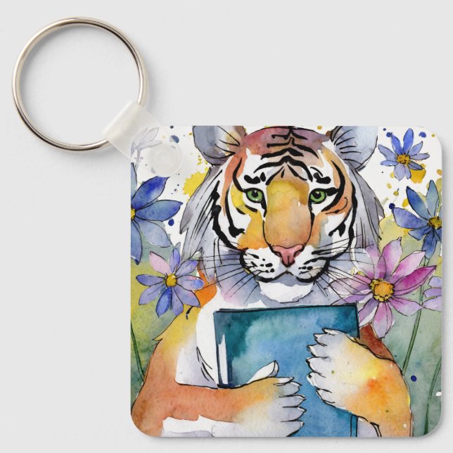 Sober Tiger Holding Big Book AA Prayer CUSTOM Key Ring (Front)