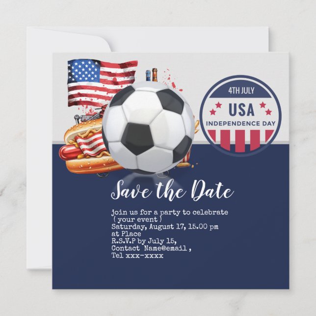 Soccer 4th July Independence Day America Save The Date (Front)