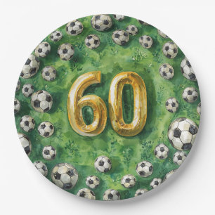 Soccer 60th Birthday with balls on green Paper Plate