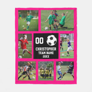 Soccer 7 Photo Collage Fuchsia Fleece Blanket