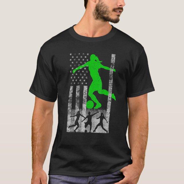 Soccer American Flag  Green Female Soccer Player O T-Shirt (Front)