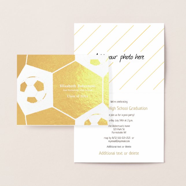 Soccer athlete graduation party gold foil card (Display)