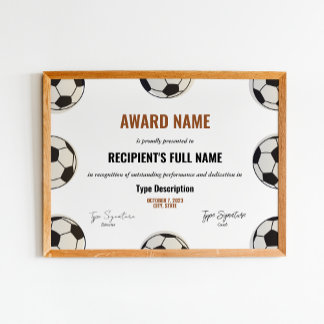 Soccer award certificate, best player recognition poster