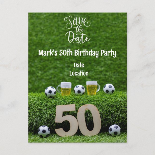 Soccer ball 50th birthday with beer on green  postcard (Front)