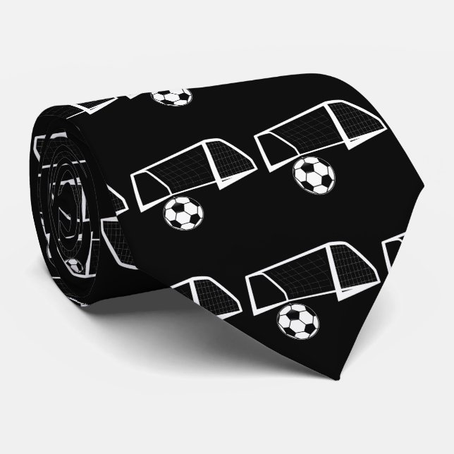Soccer Ball and Goal Net On Black Necktie (Rolled)