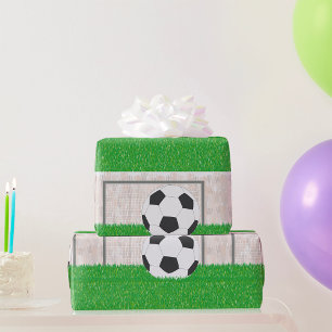 Soccer Ball and Goal Post on Green Grass Field Wrapping Paper