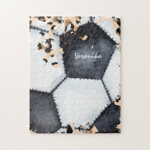 Soccer Ball Animal Print & Girls Kids Name Chic Jigsaw Puzzle