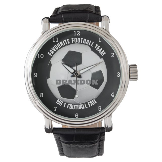 Soccer Ball Black Stylish Custom Name Men's Watch (Front)