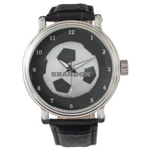 Soccer Ball Black Stylish Custom Name Men's Watch