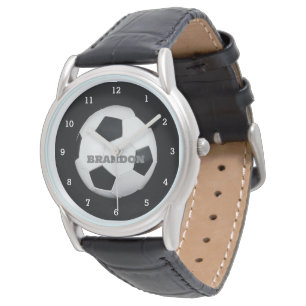 Soccer Ball Black Stylish Custom Name Men's Watch