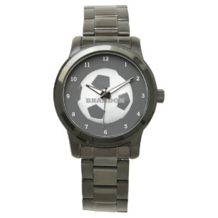 Soccer Ball Black Stylish Custom Name Men's Watch