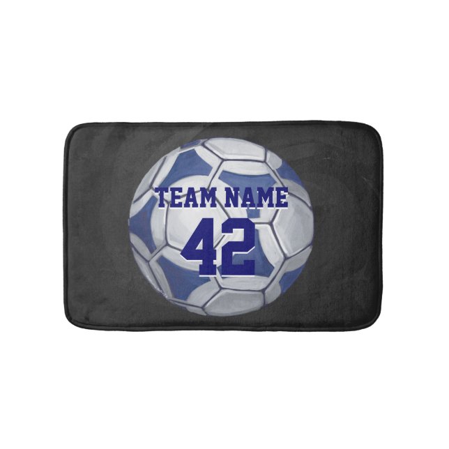 Soccer Ball Blue and White Name and Number Bath Mat (Front)