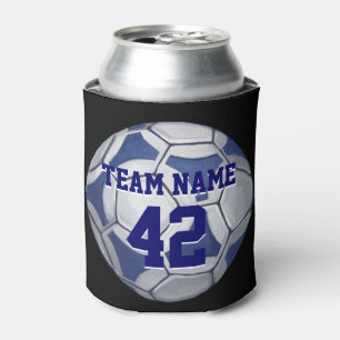 Soccer Ball Blue and White Name and Number Can Cooler