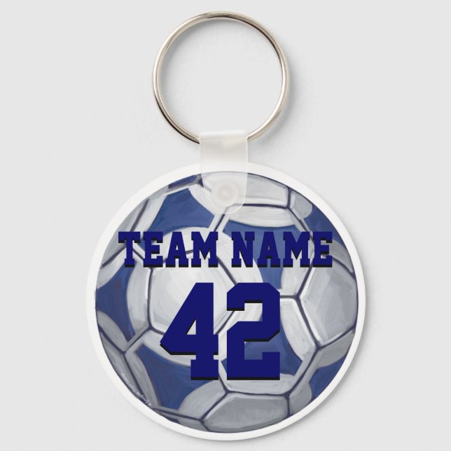Soccer Ball Blue and White Name and Number Key Ring (Front)