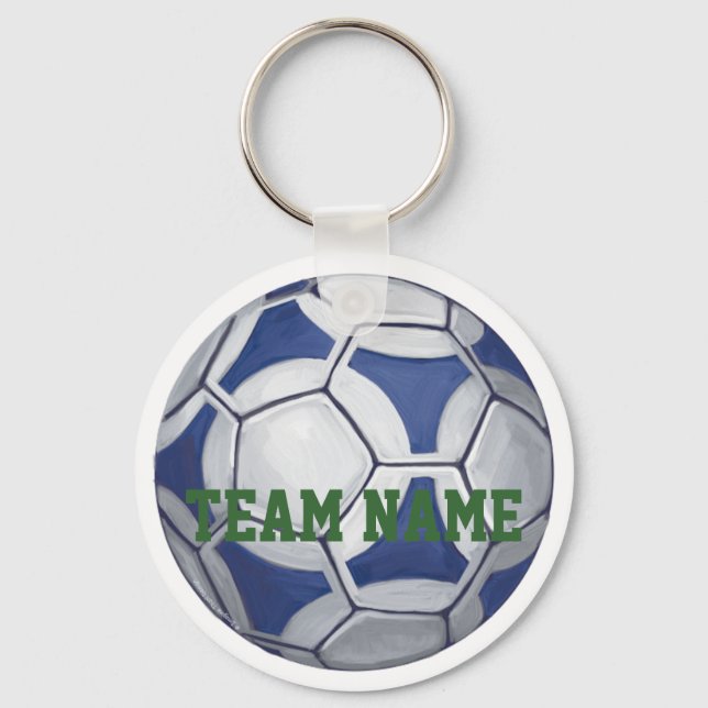 Soccer Ball Blue and White Name and Number Key Ring (Front)