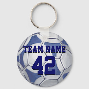 Soccer Ball Blue and White Name and Number Key Ring