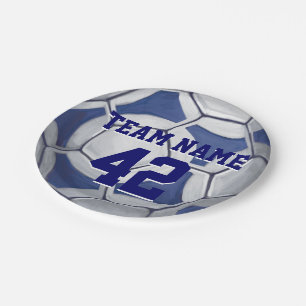 Soccer Ball Blue and White Name and Number Paper Plate