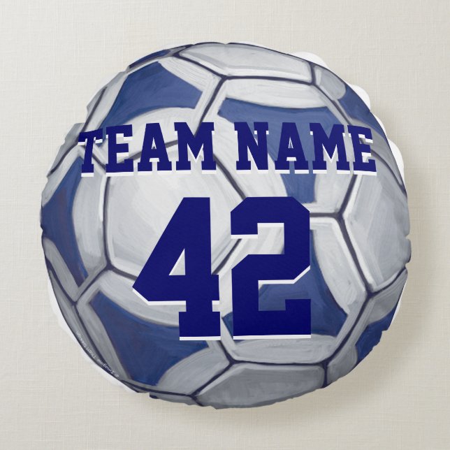 Soccer Ball Blue and White Name and Number Round Cushion (Front)