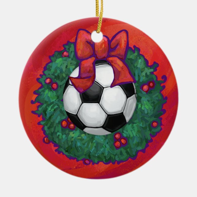 Soccer Ball Christmas Ceramic Ornament (Front)