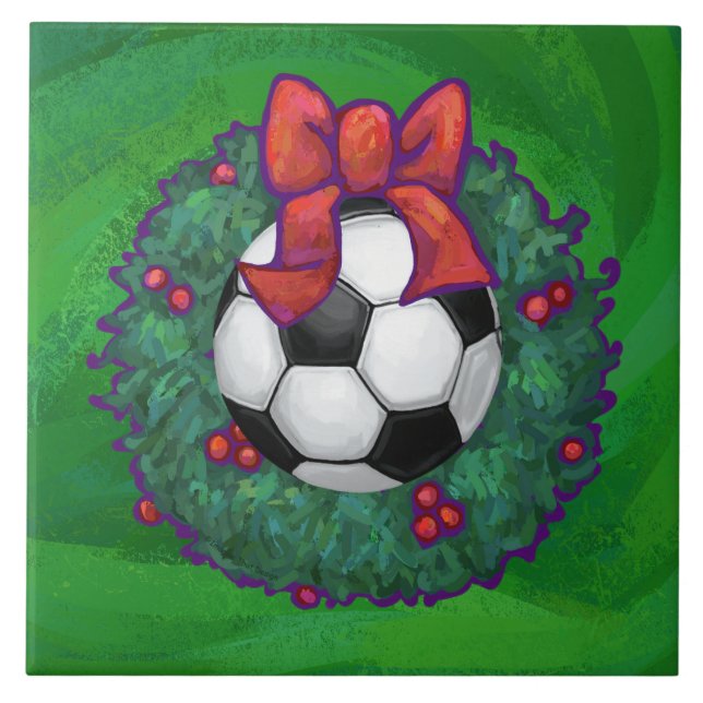Soccer Ball Christmas Ceramic Tile (Front)