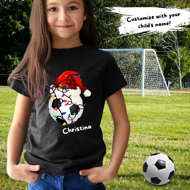 Soccer Ball Christmas Lights Santa Hat Childs Name T-Shirt (Creator Uploaded)