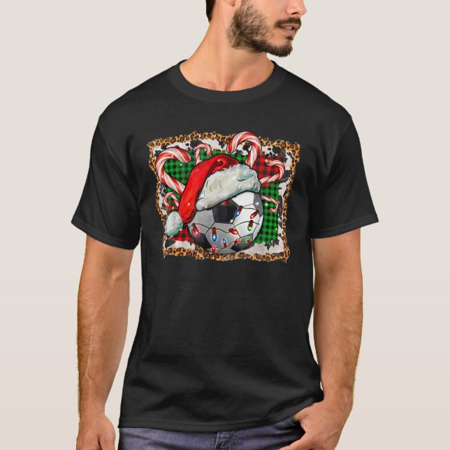 Soccer Ball Christmas With Hat And Candy Cane Spor T-Shirt (Front)