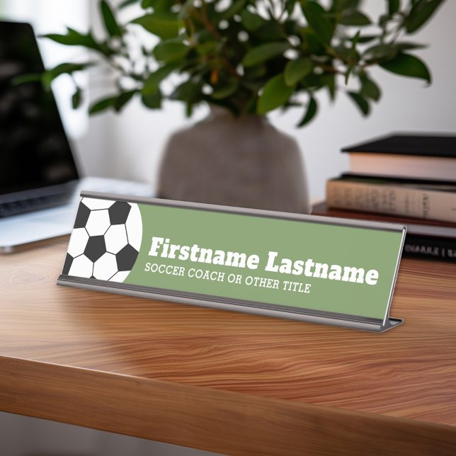 Soccer Ball Coach or Teacher - Modern Drawing Desk Name Plate (Personalized Sports Theme Desk Name Plate - Great Coach Appreciation Gift or Locker room Decor)