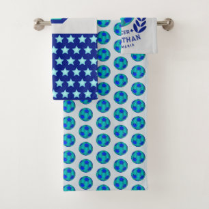 Soccer Ball Crest   Bright Blue Sport Fan Gifts  Bath Towel Set