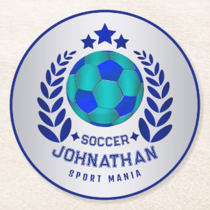 Soccer Ball Crest Bright Blue Sport Fan Gifts Round Paper Coaster