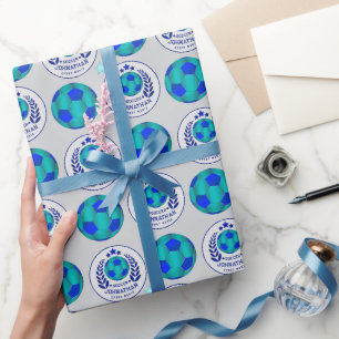 Soccer Ball Crest   Bright Blue Sport Fan Gifts  Wrapping Paper
