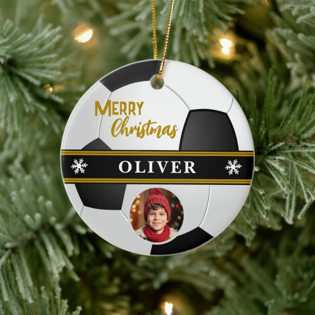 Soccer Ball Custom Name Merry Christmas Photo Ceramic Ornament (Tree)