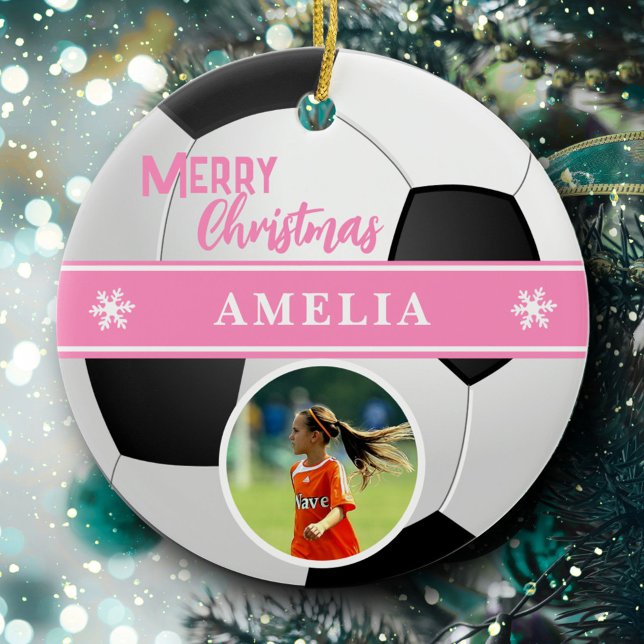 Soccer Ball Custom Name Merry Christmas Photo Ceramic Ornament (Creator Uploaded)